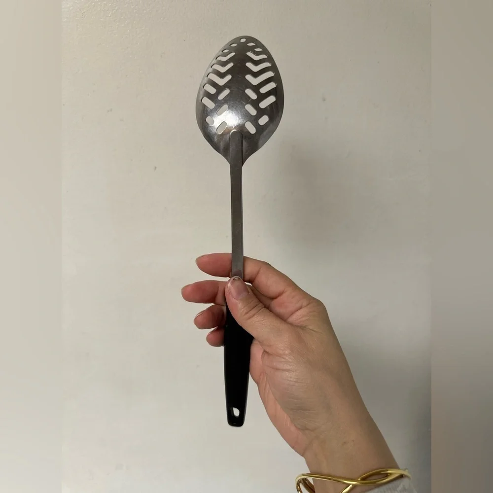 Vintage EKCO USA Slotted Spoon Stainless Steel 2-Tone Wood Black Handle MCM